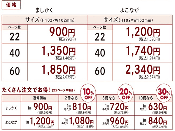 ましかくとよこながのサイズ・ページ別 価格のご案内