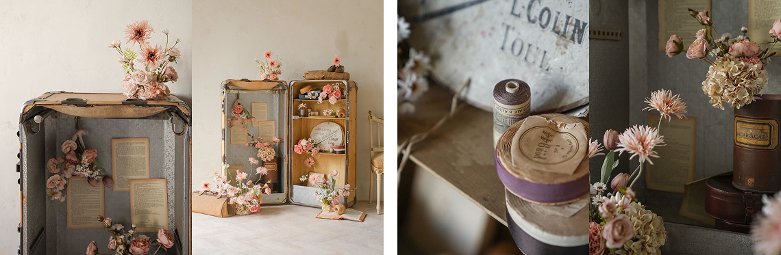 物語を感じる木製アンティークトランクが主役の撮影空間